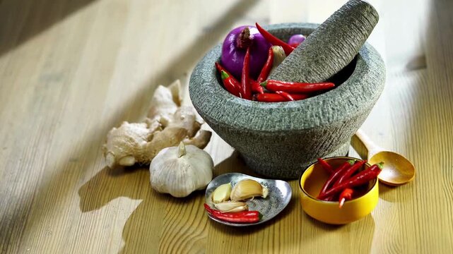 4K Video of fresh ingredients for traditional Asian cooking with a stone mortar and pestle, red chili peppers, garlic bulb, ginger root, and purple onion arranged on a rustic wooden table top.