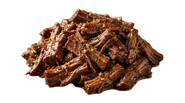 Beef brisket cooked in a rich savory sauce sits in a pile on a clean surface ready for serving.