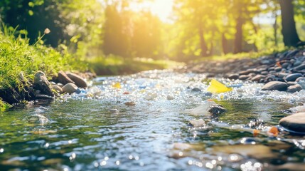 Fototapeta premium Tiny plastic fragments drift on the surface of a sunlit village creek, creating a shimmering, rippling scene.