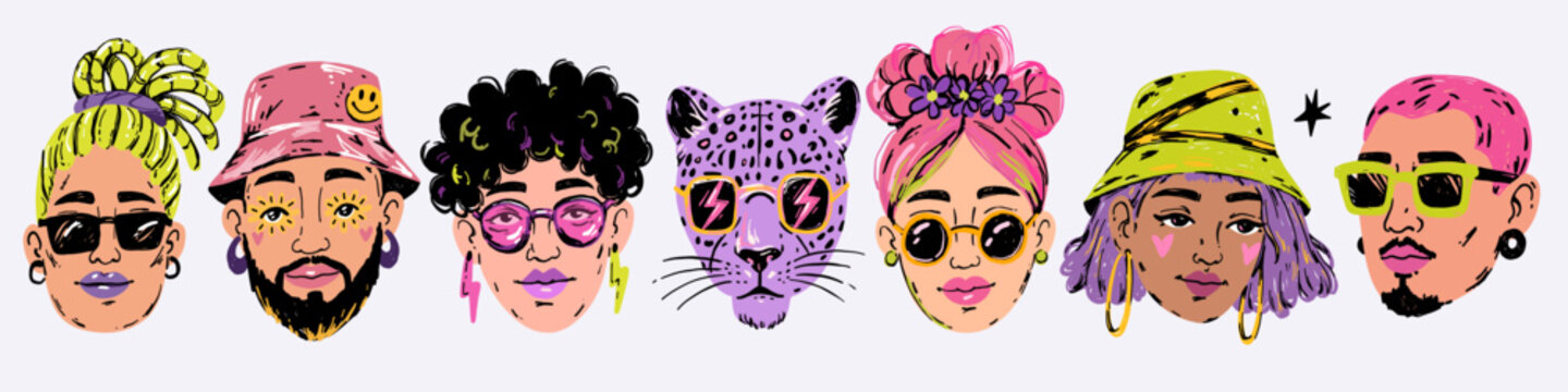 Vector avatar set of cool people and leopard character. Trendy youth culture icon pack with diverse faces in sunglasses and bucket hats.