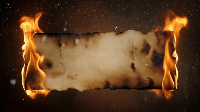 Ancient parchment scroll on fire with charred edges and embers