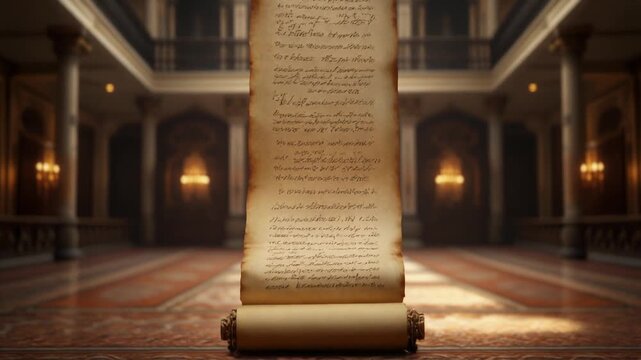 Majestic parchment scroll unfurling in a grand ancient library hall
