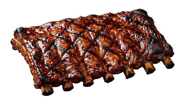 Ribs rack displays a savory barbecue glaze with dark char marks across the bone-in meat section.