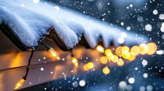 Twinkling Christmas Lights Adorn a Snow Covered Roof During a Winter Evening