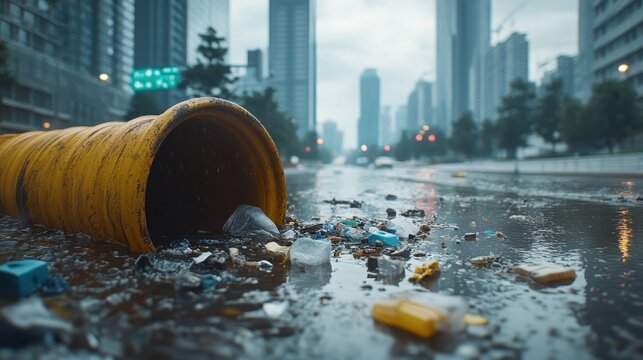 Urban pollution and discarded plastic waste accumulating near a city street drain after flooding