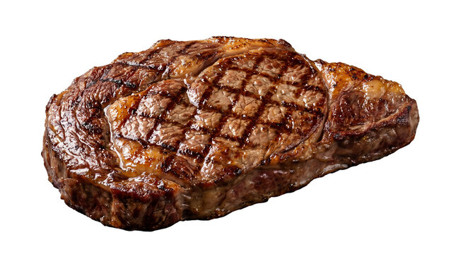 Beef ribeye steak sits isolated on a plain white surface to highlight its appetizing sear and texture.