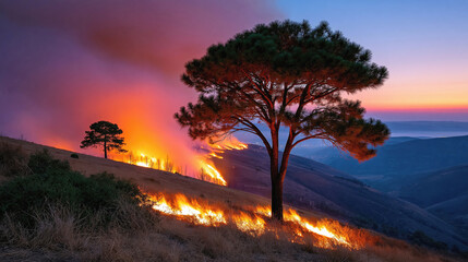 Naklejka premium Wildfire burns across a dry hillside at dusk, surrounding pine trees with flames and smoke over distant mountains.