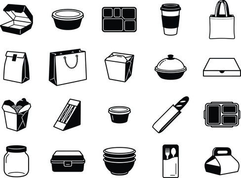 Assortment of food containers and packaging for take away, delivery and storage, on checkered background.