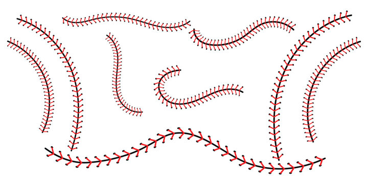Baseball stitch seams collection. Baseball stitching patterns arranged in various shapes. Vector illustration.