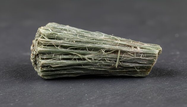 Actinolite asbestos fibers sample lying on a dark slate background, highlighting hazardous mineral texture for geological science and environmental safety concept