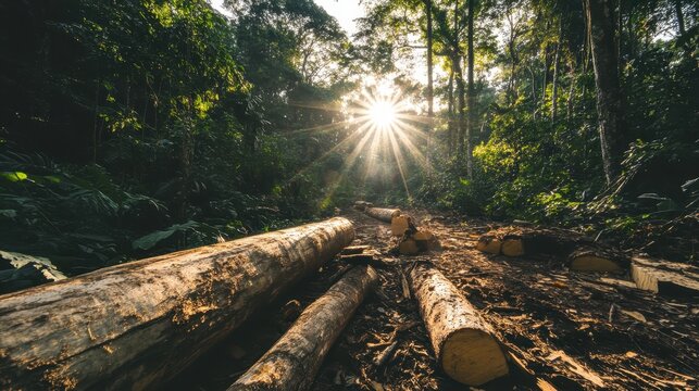 Sunlight streams through a deforested logging zone revealing cut trees and cleared land in a wide-angle forest setting