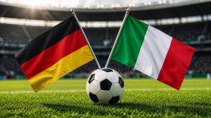 Naklejka premium Germany vs Italy Football Match Concept with National Flags and Soccer Ball