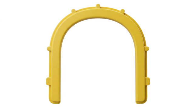 Bright yellow plastic arch-shaped connector with locking tabs on plain background.