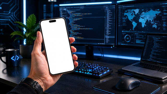 Smartphone Mockup in Programmer Workspace with Coding Screens