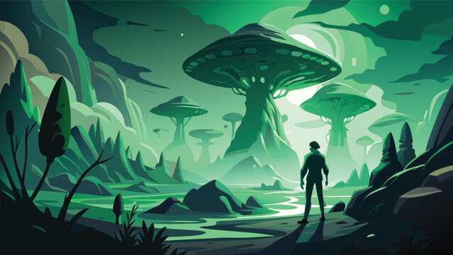 Lone explorer in alien landscape with bioluminescent flora during twilight vector illustration