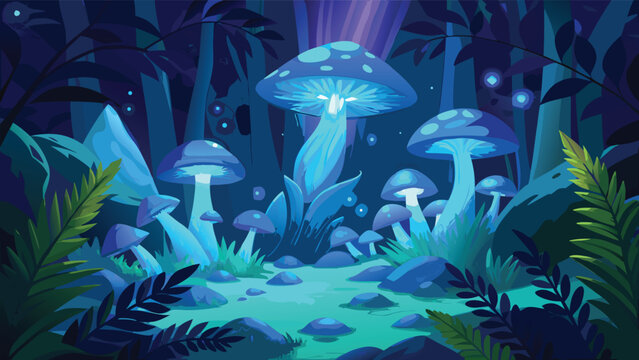 Magical glowing mushrooms in a dark enchanted forest with blue light beams and fireflies vector illustration