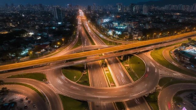 Aerial view of traffic on an elevated overpass Hanoi at night