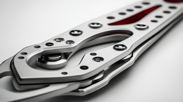 Close-up of a sleek metal folding knife with a red accent, showcasing precision engineering and sharp design.