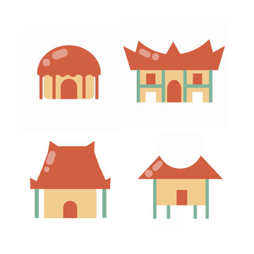 Indonesian traditional house cultural landmark icon set on white background
