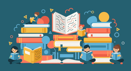 Flat Illustration of Diverse Children Reading Books in Library © Ibrahim Fadhil Raziq