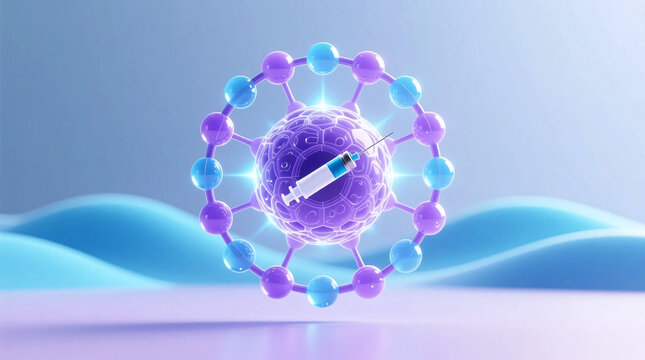 Biotech molecular innovation vaccine targeting cellular core with dynamic molecular rings conceptual scientific illustration for medical research presentation