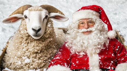Obraz premium A Joyful Christmas Celebration with Santa Claus, Festive Sheep, and Winter Wonderland Magic
