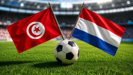 Naklejka premium Tunisia and Netherlands Flags with Soccer Ball on Stadium Field