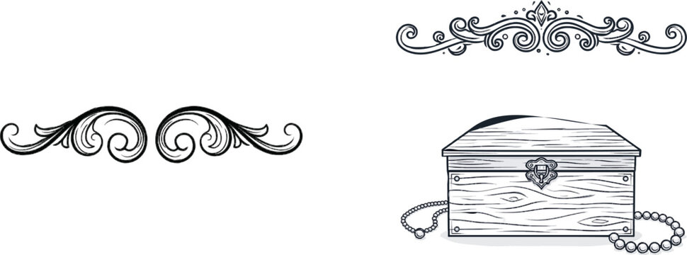 A minimalist sketch style illustration featuring playful doodle header flourishes, elegant wooden jewelry box, pearl necklace symmetry scrolls, and crisp sharp lines on a stark white background with