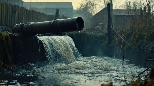 Contaminated industrial wastewater flows from an old factory pipe into a river, highlighting environmental pollution and its impact.