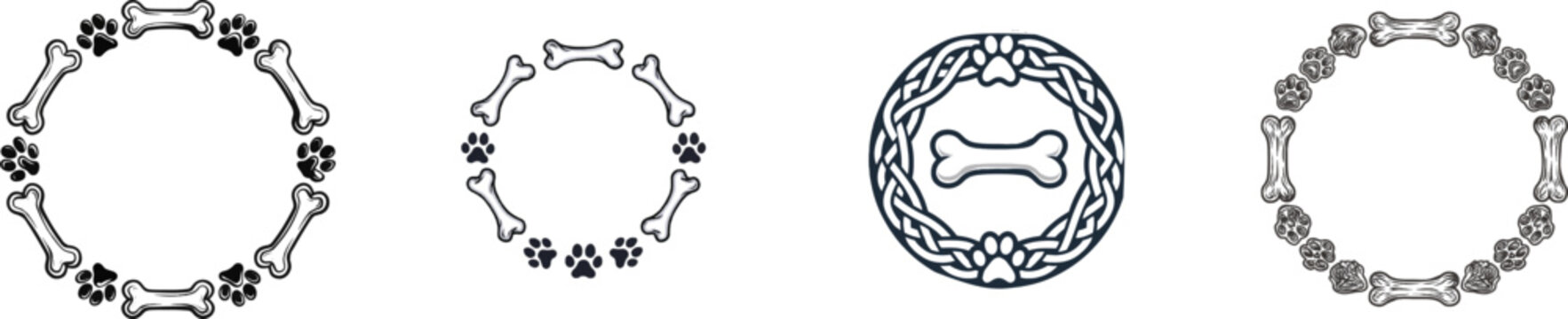 A bold graphic silhouette of a symmetrical doodle dog bone and paw print charm wreath detail against a pure isolated white background