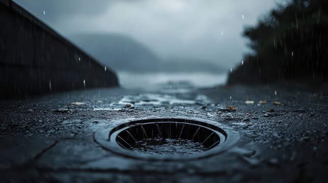 Contaminated storm drain water flows into the ocean on an overcast day, with a close-up focus on the grate and water