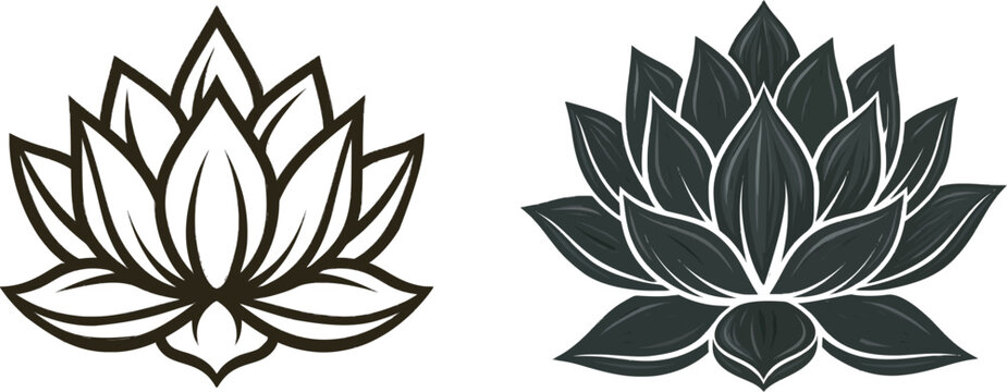 A bold, black lotus flower mandala ornament with clean, sharp contours stands out against a pure white background in this vector illustration