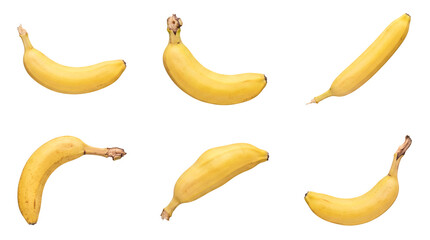 Group of six vibrant yellow ripe bananas showcasing different angles, isolated on a transparent background. © Piotr