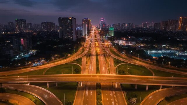 Stunning night aerial view of busy elevated overpass Hanoi