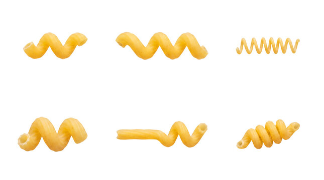 Golden spiral pasta shapes, uncooked and ready for cooking, a delicious photograph on a transparent background.