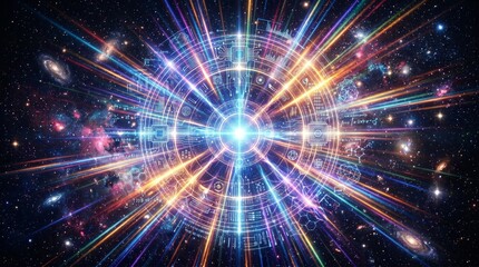 Obraz premium Abstract digital representation of a cosmic singularity and quantum computing