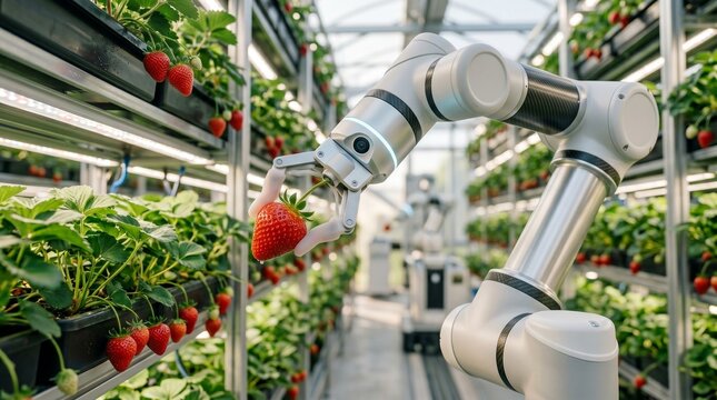 Robotic Strawberry Harvesting Arm collecting ripe berries in a high tech greenhouse.