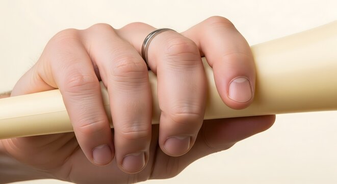 Hand holding a paper scroll wearing a silver wedding band on a finger