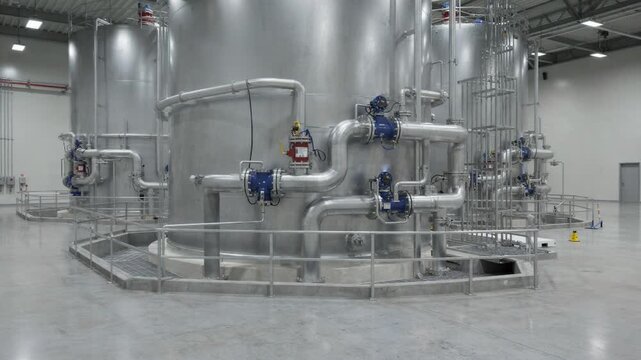 Medium shot focusing on lined carbon steel bulk tanks indoors emphasizing explosionproof valve connections and secure containment protocols in a controlled environment