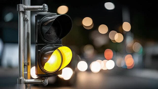 Red traffic light at a city intersection during nighttime with blurred car lights in the background