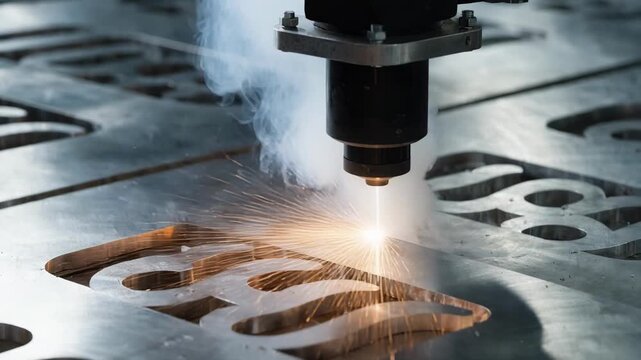 Closeup of a highpower laser cutting precise signage letters from metal sheets highlighting sparks and smoke during the detailed engraving process