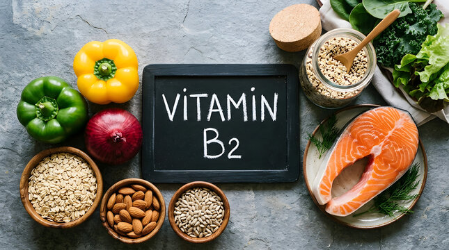 Vitamin b2 food sources flat lay on a rustic grey stone background