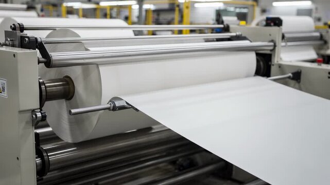 Medium shot capturing the smooth operation of paper reel winding with an automatic cutter trimming edges emphasizing efficiency in modern paper manufacturing