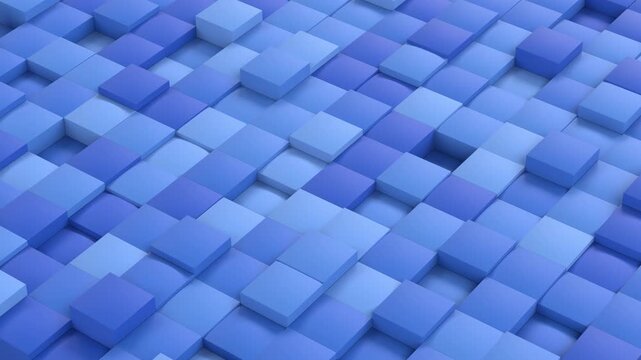 Seamless loop of abstract 3D random shades of blue cubes moving up and down with procedural noise wave effect