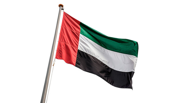 National flag of United Arab Emirates waving on silver flagpole isolated on transparent background PNG cut out