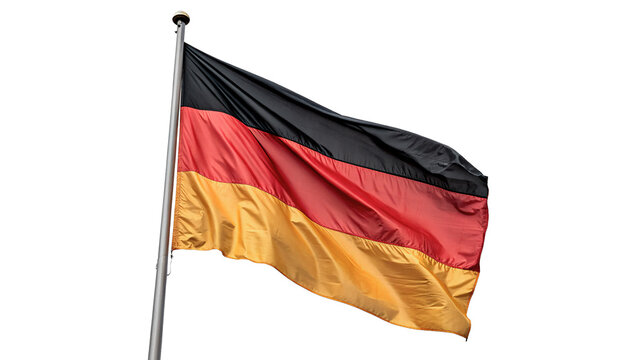 National flag of Germany waving on a metallic silver flagpole isolated on transparent background PNG cut out