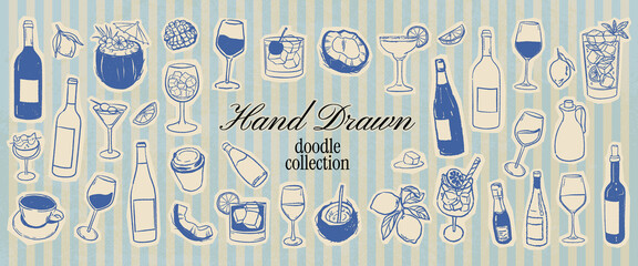 Mediterranean scrapbook cocktail doodle collection with wine, citrus, coffee and tropical drinks. Whimsical illustrations for beverage menus and summer party branding in crayon drawn sketch style. © Alena creator