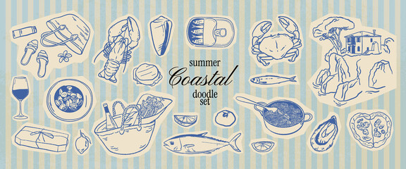 Plakat Italian Mediterranean doodle scrapbook set with seafood, pasta, pizza, wine and beach essentials. Crayon whimsy sketch doodle brunch or picnic for design. Hand drawn coastal summer ink illustration.