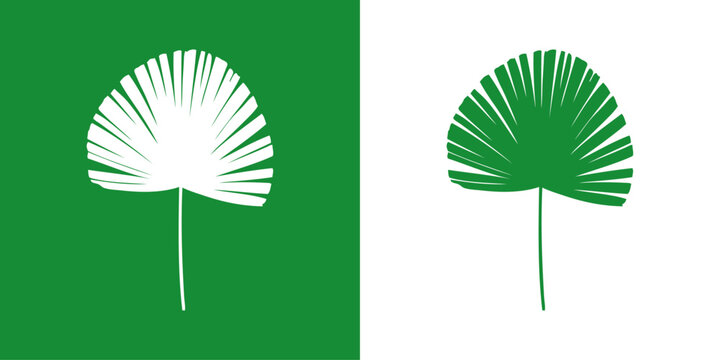 Logo para&iacute;so tropical. Dibujo minimalista de la silueta de una hoja de palma con forma de abanico en fondo verde y fondo blanco 
