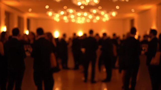 Blurred Crowd of People in Formal Attire Mingling at a Luxury Evening Gala Event with Warm Bokeh Lighting Background